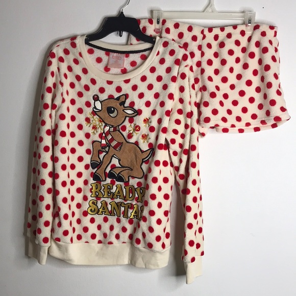 Rudolph red nosed reindeer Christmas cozy pajamas set sweater top and bottoms - Picture 1 of 11